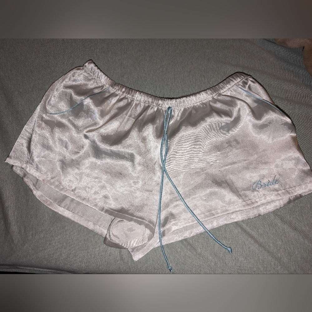White silk Bride Shorts with rhinestone and light blue detail, size L